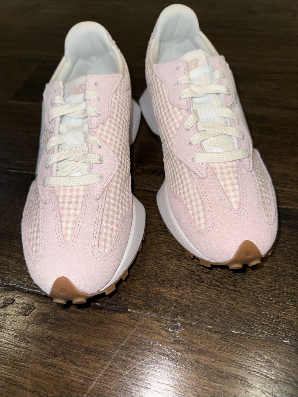 New Balance 327 Pink & White Gingham Women's Retro Runner Sneaker - Picture 13 of 16